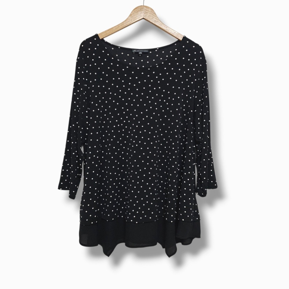 Adrianna Papell Top 3X Women Black Polka Dot Asymmetrical Hem 3/4 Sleeve Stretch